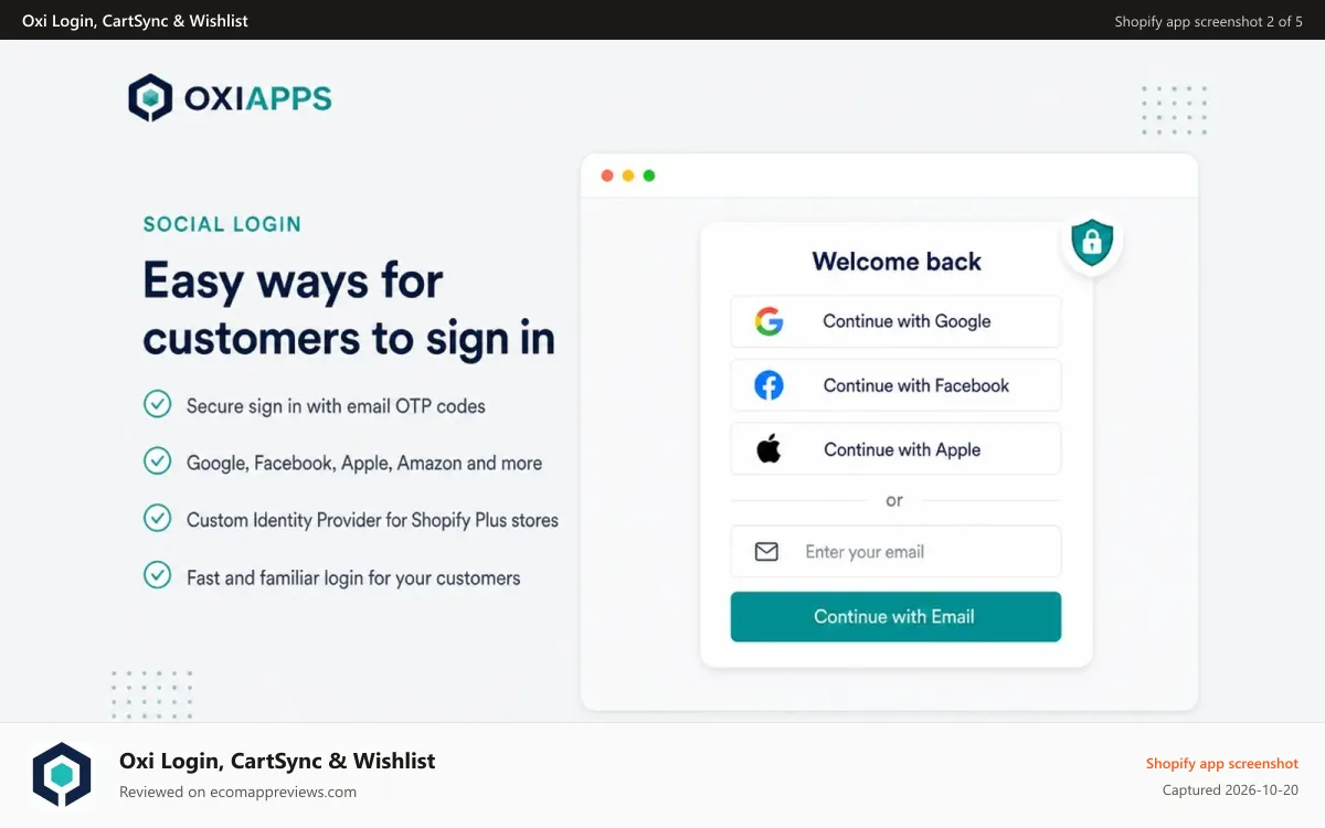 Oxi Login, CartSync & Wishlist Shopify app screenshot: Easy ways for customer to sign in