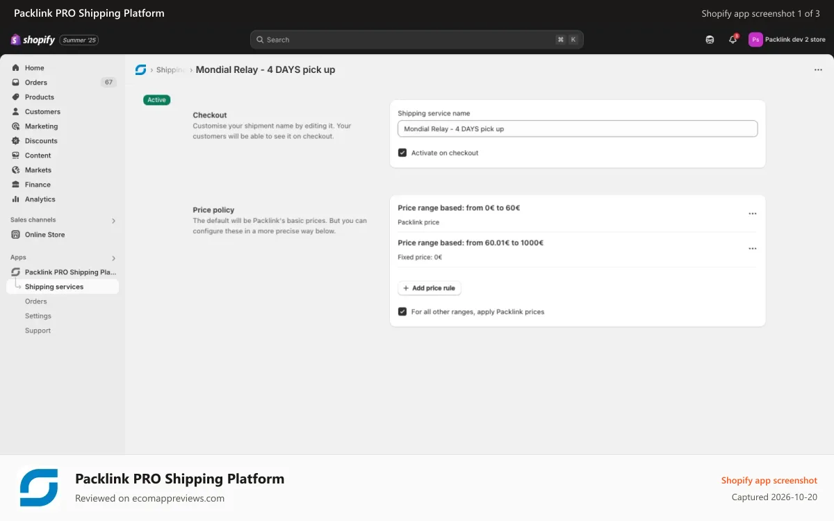 Packlink PRO Shipping Platform Shopify app screenshot: Choose the pricing policy to show your customers