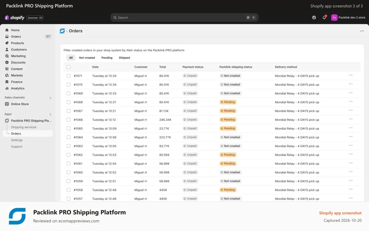Packlink PRO Shipping Platform Shopify app screenshot: Save time: All your shipments in a unique control panel