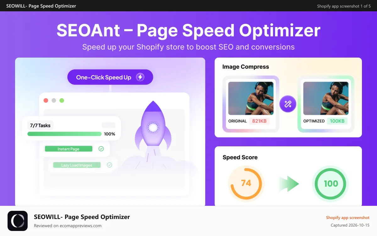 SEOWILL‑ Page Speed Optimizer Shopify app screenshot: SEOAnt - page speed optimizer
