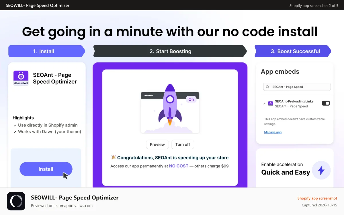 SEOWILL‑ Page Speed Optimizer Shopify app screenshot: SEOAnt -one minute installation