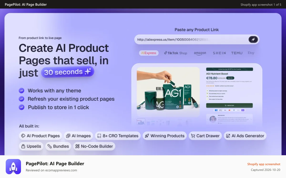 PagePilot: AI Page Builder Shopify app screenshot: AI Product Pages | AI Images | Cart Drawer | Upsells | Bundles