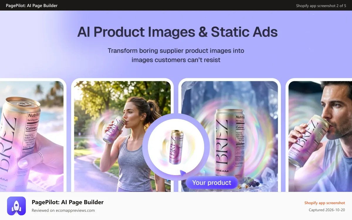 PagePilot: AI Page Builder Shopify app screenshot: Transform supplier photos into images customers can't resist
