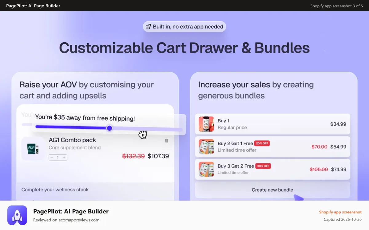 PagePilot: AI Page Builder Shopify app screenshot: Customizable Cart Drawer with Upsells & Bundles