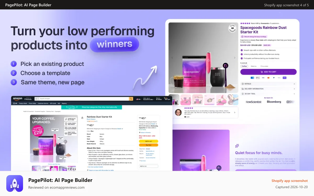PagePilot: AI Page Builder Shopify app screenshot: Turn low performing products into high converting ones