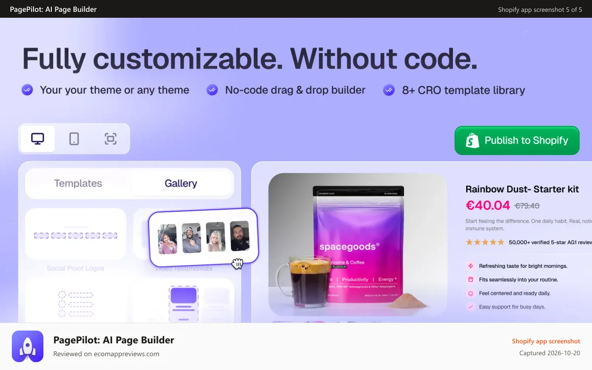 PagePilot: AI Page Builder Shopify app screenshot: The no-code AI Page Builder anyone can use