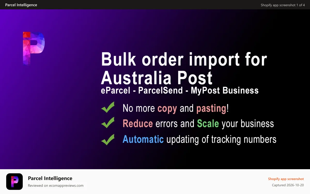 Parcel Intelligence Shopify app screenshot: Parcel Intelligence