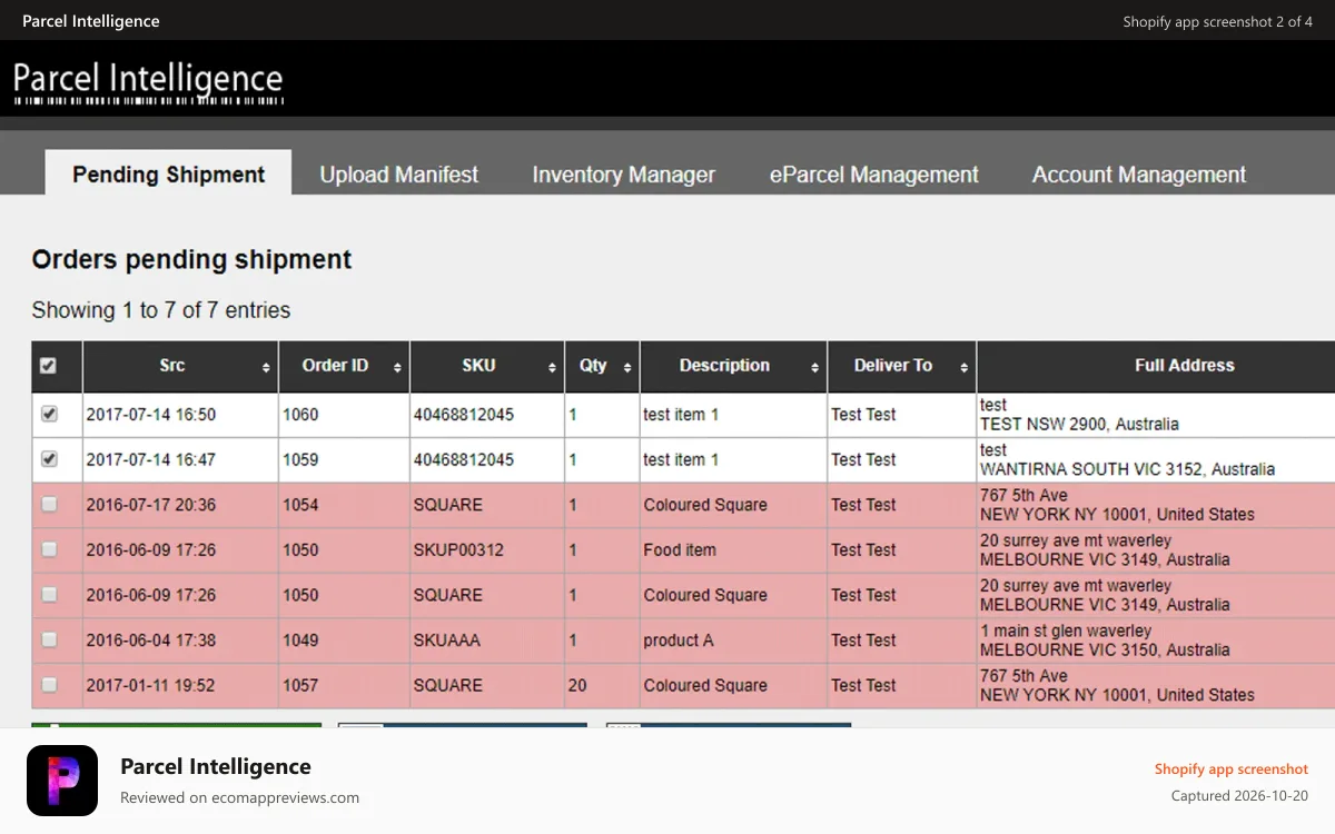 Parcel Intelligence Shopify app screenshot: Preview pending orders and fix errors