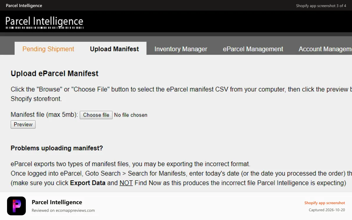 Parcel Intelligence Shopify app screenshot: Upload manifest to attach tracking numbers
