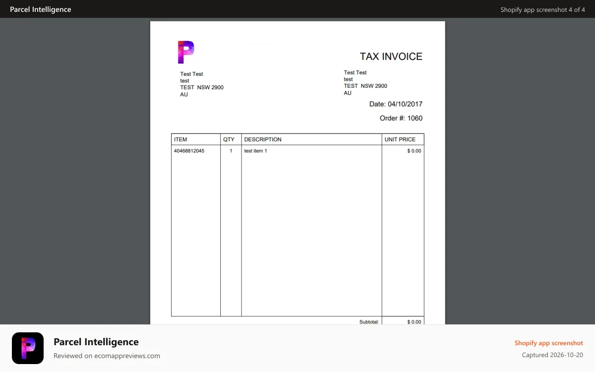 Parcel Intelligence Shopify app screenshot: Generate Invoices