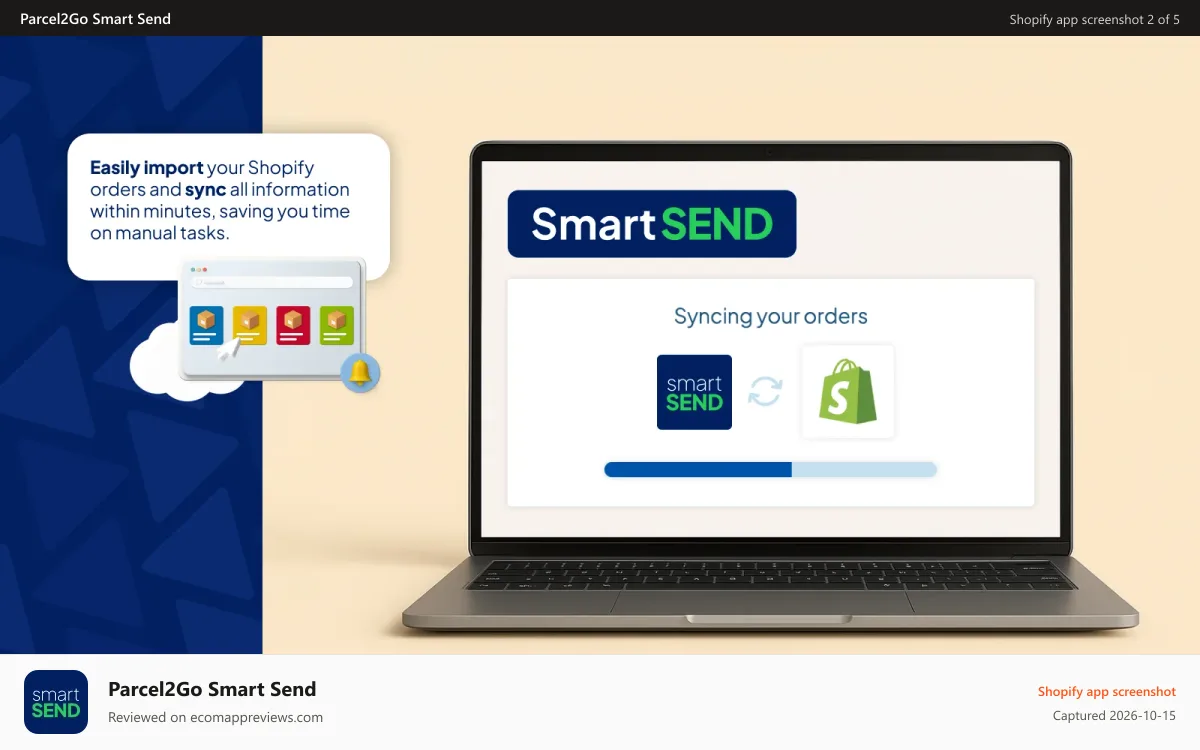 Parcel2Go Smart Send Shopify app screenshot: Import and sync Shopify orders