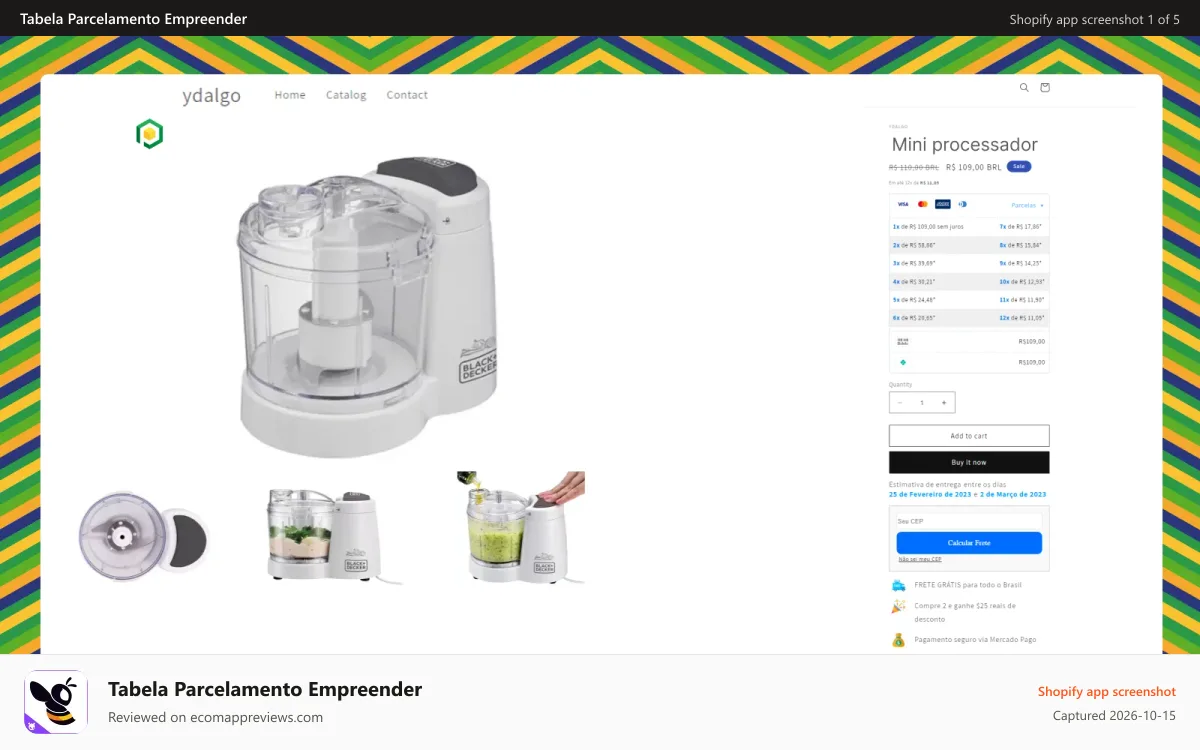 Tabela Parcelamento Empreender Shopify app screenshot: Tabela de parcelamento na loja