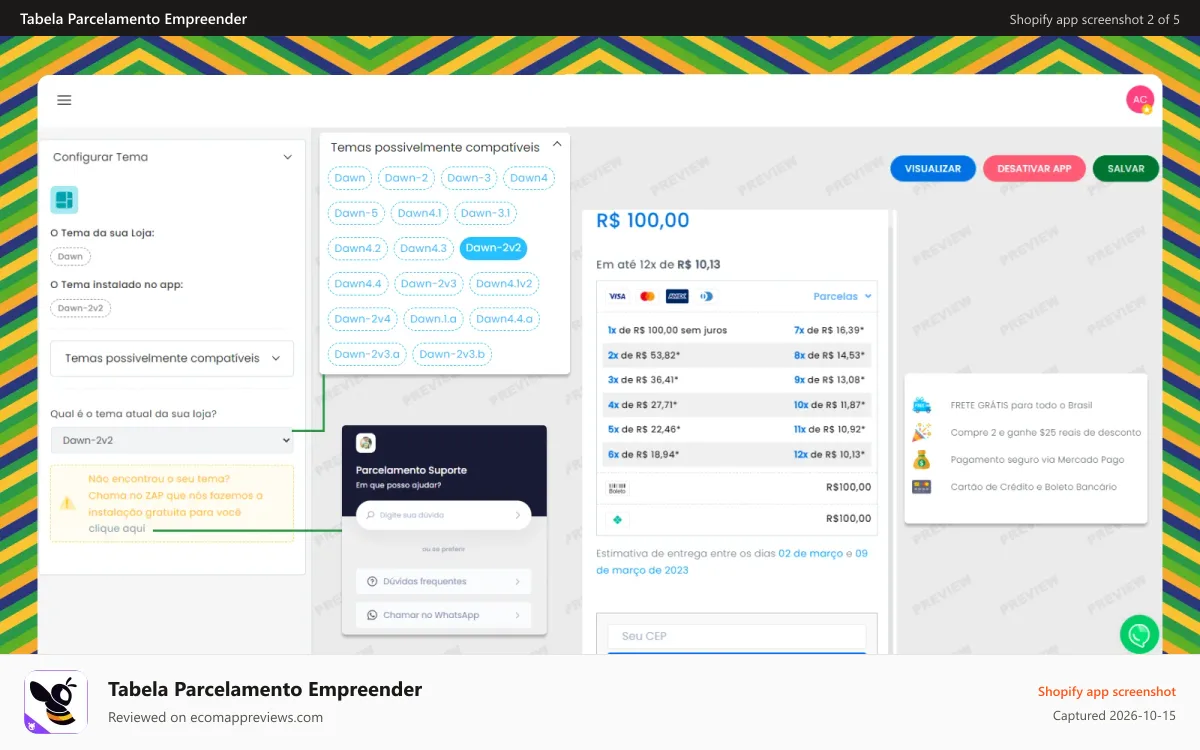 Tabela Parcelamento Empreender Shopify app screenshot: Selecione o tema da sua loja nas opções ou contacte o suporte
