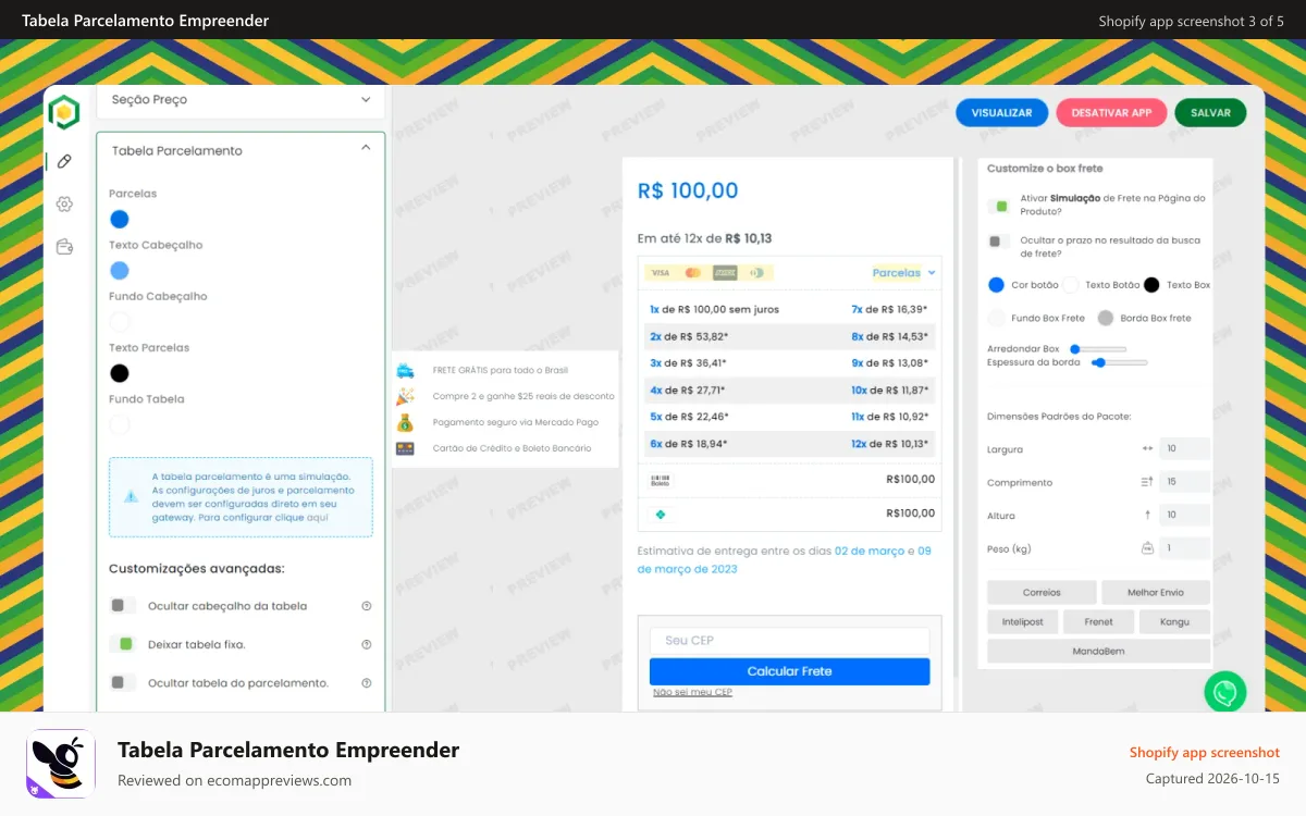 Tabela Parcelamento Empreender Shopify app screenshot: Customize a tabela de acordo com o design da sua loja