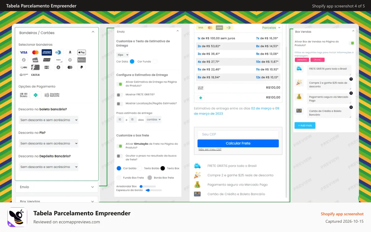 Tabela Parcelamento Empreender Shopify app screenshot: Edite bandeiras de cartão de crédito e ícones de pagamento