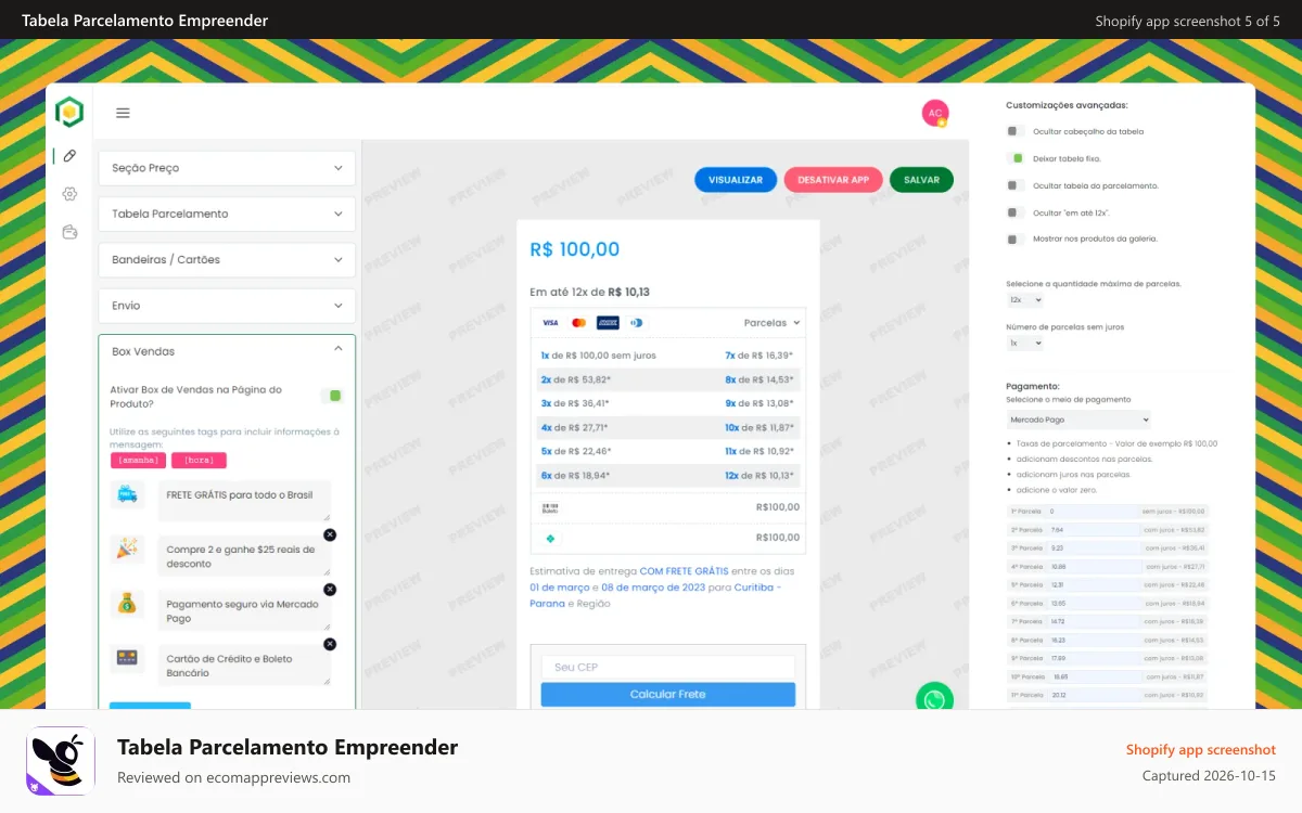 Tabela Parcelamento Empreender Shopify app screenshot: Configure as mensagens que aparecerão no Box Venda