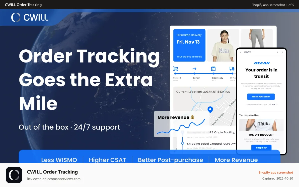 CWILL Order Tracking Shopify app screenshot: Branded order tracking that cuts WISMOs and drives more sales