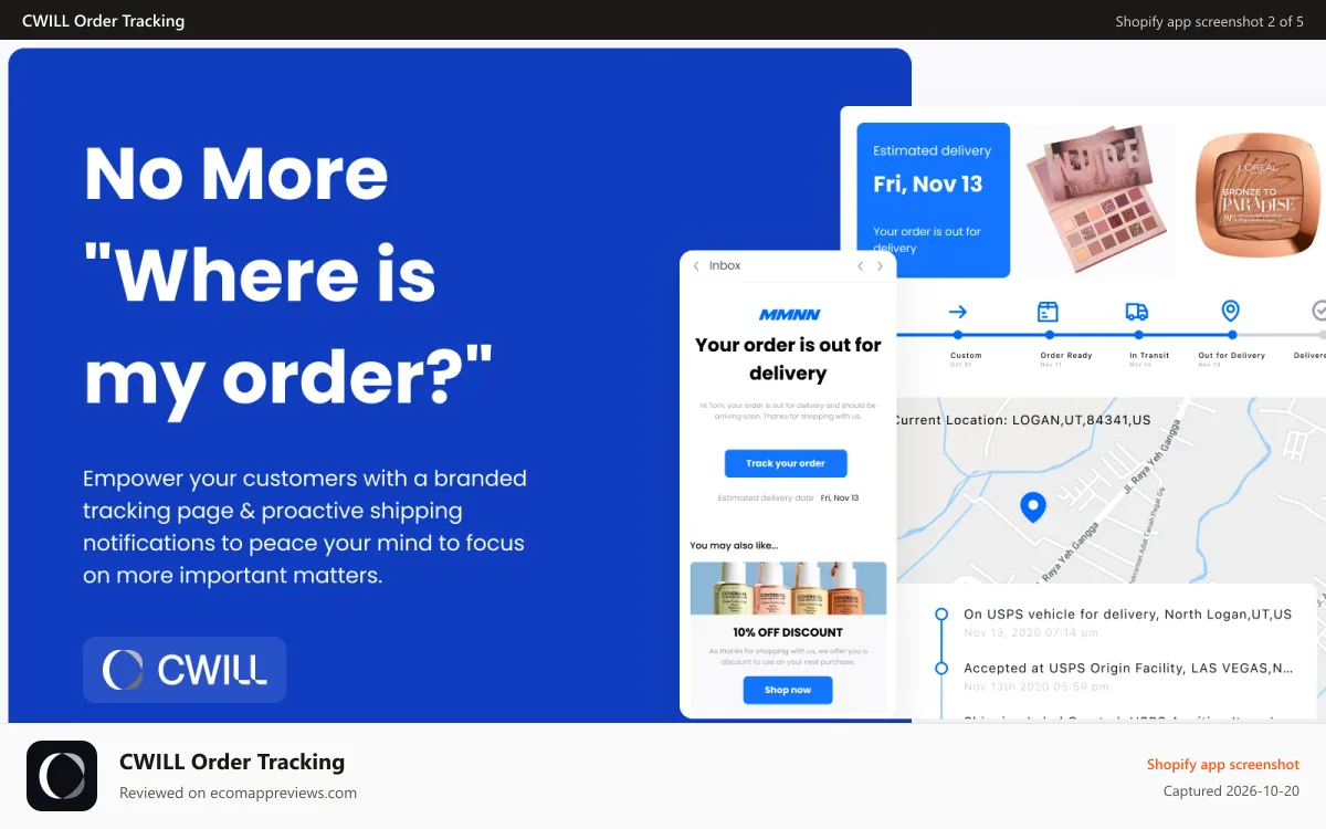 CWILL Order Tracking Shopify app screenshot: End "where is my order?" with branded tracking & notifications