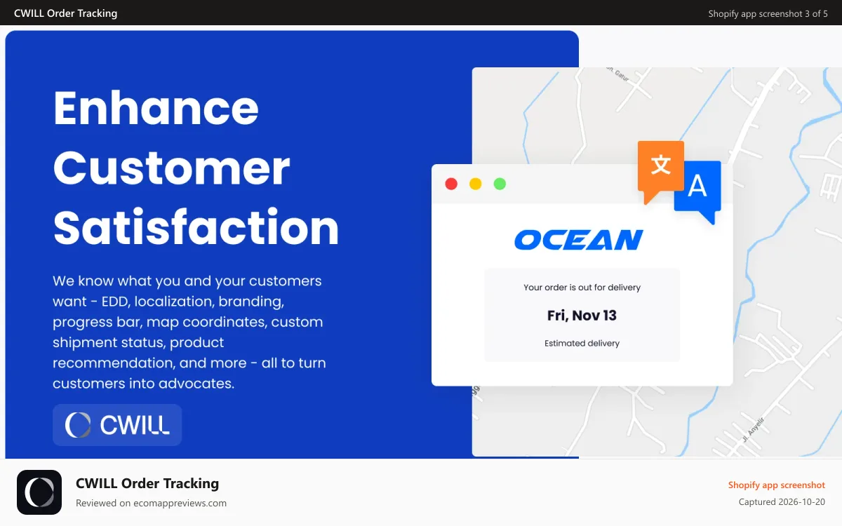 CWILL Order Tracking Shopify app screenshot: Delight customers with a branded, customizable tracking page