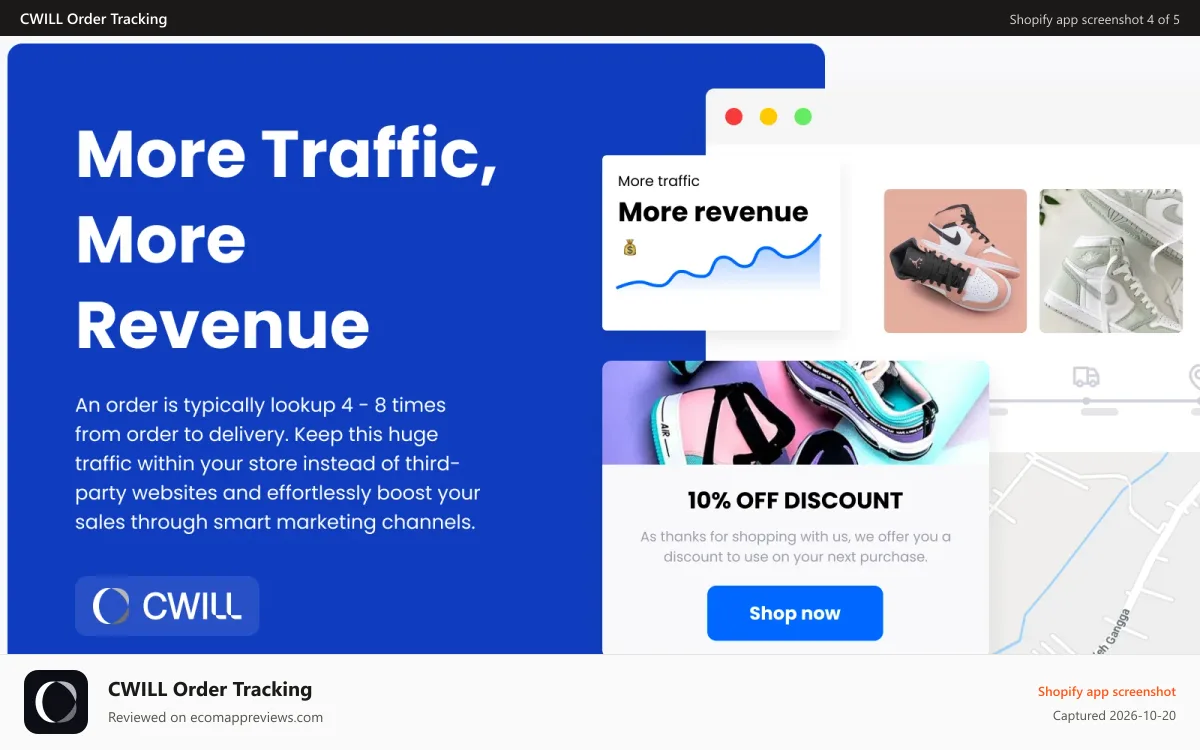 CWILL Order Tracking Shopify app screenshot: Turn tracking traffic into revenue with post-purchase upsells