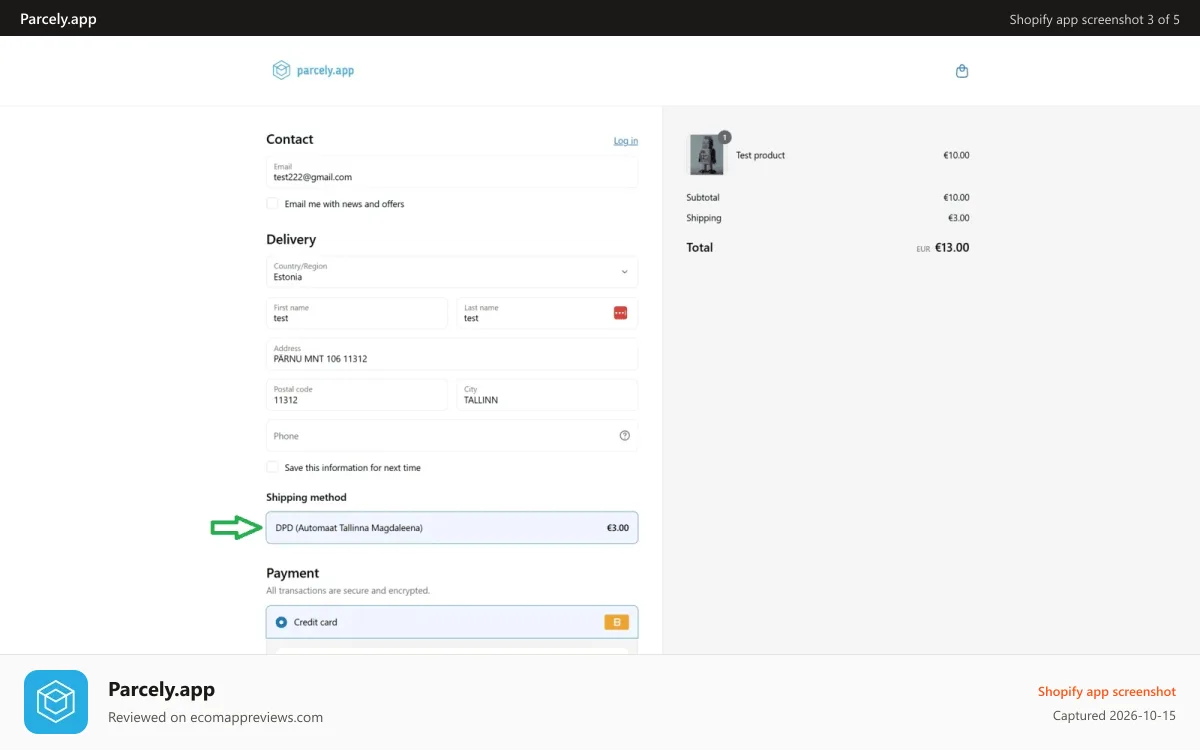 Parcely.app Shopify app screenshot: Pick-up location in the order confirmation view.
