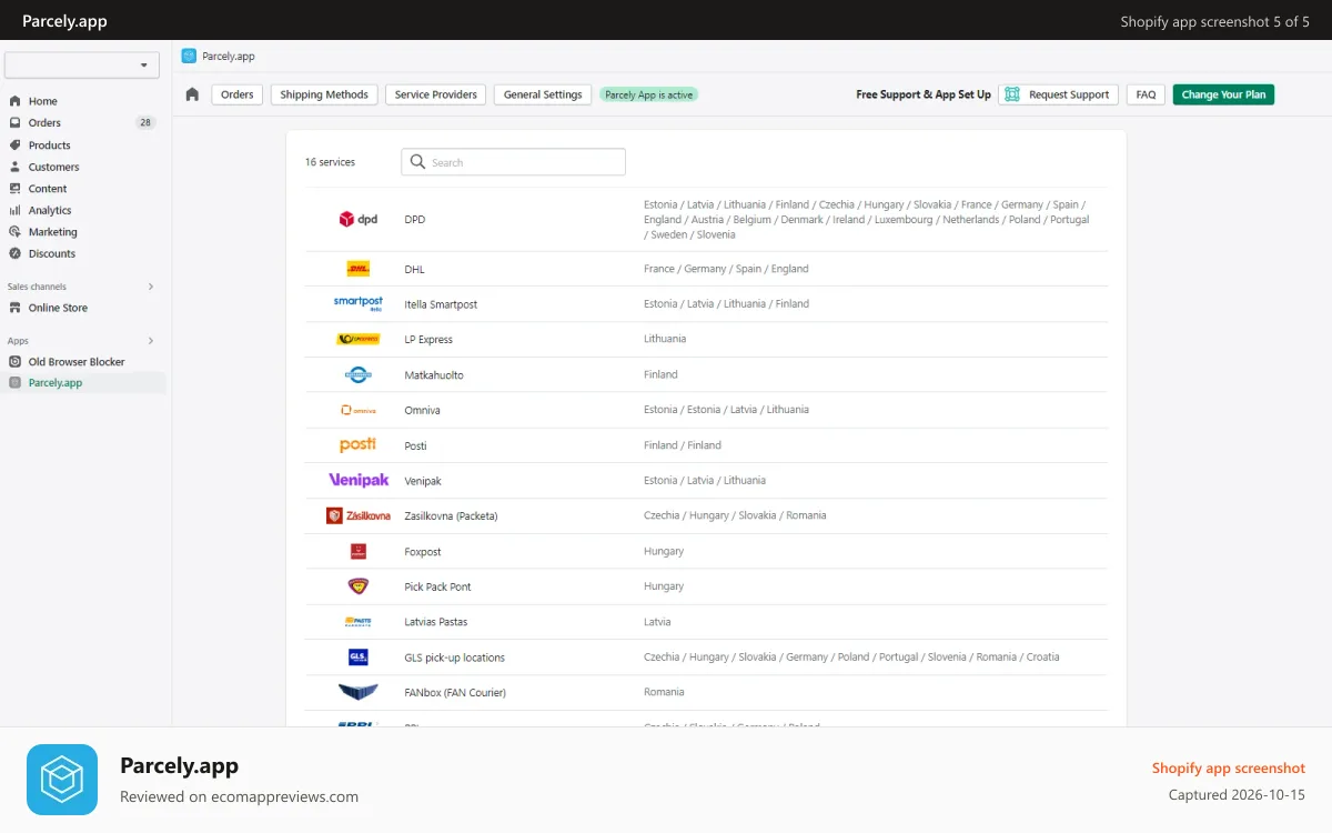 Parcely.app Shopify app screenshot: Set up different shipping providers.
