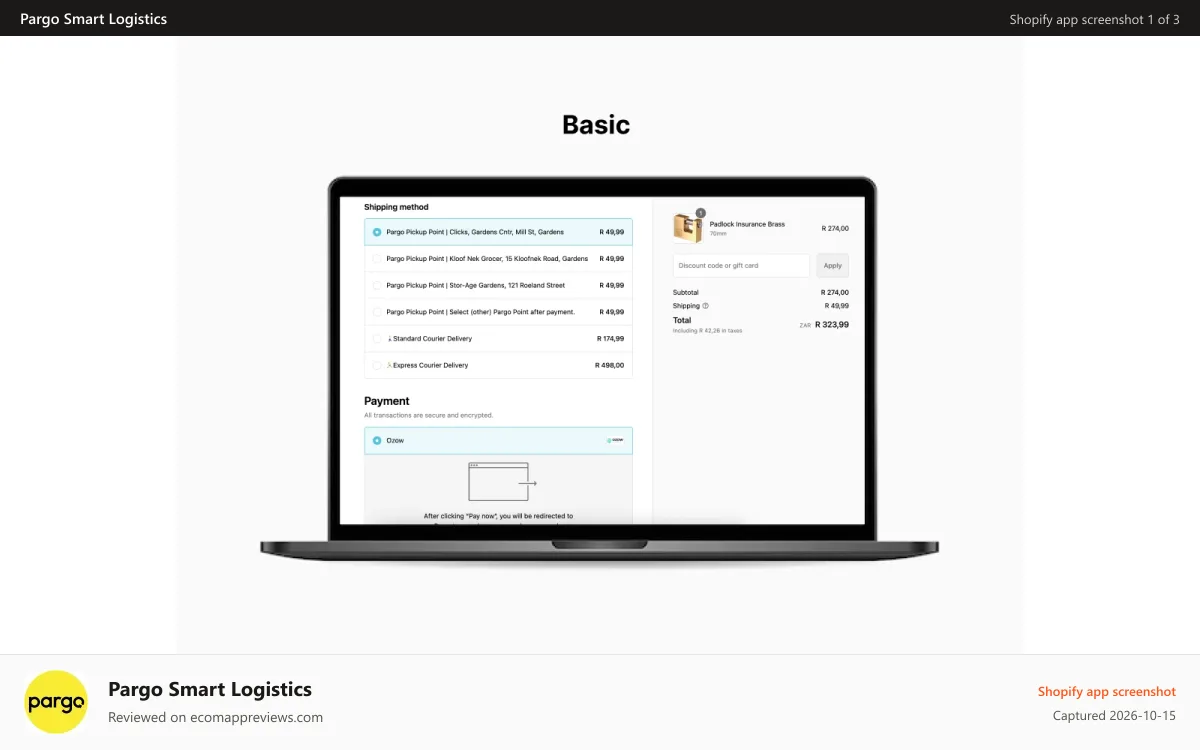 Pargo Smart Logistics Shopify app screenshot: A simplified checkout experience with Pargo.