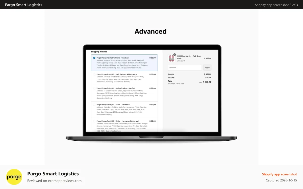 Pargo Smart Logistics Shopify app screenshot: Display up to 15 closest Pargo Points as delivery options.