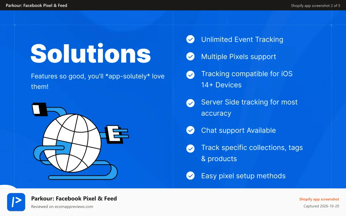 Parkour: Facebook Pixel & Feed Shopify app screenshot: Solutions