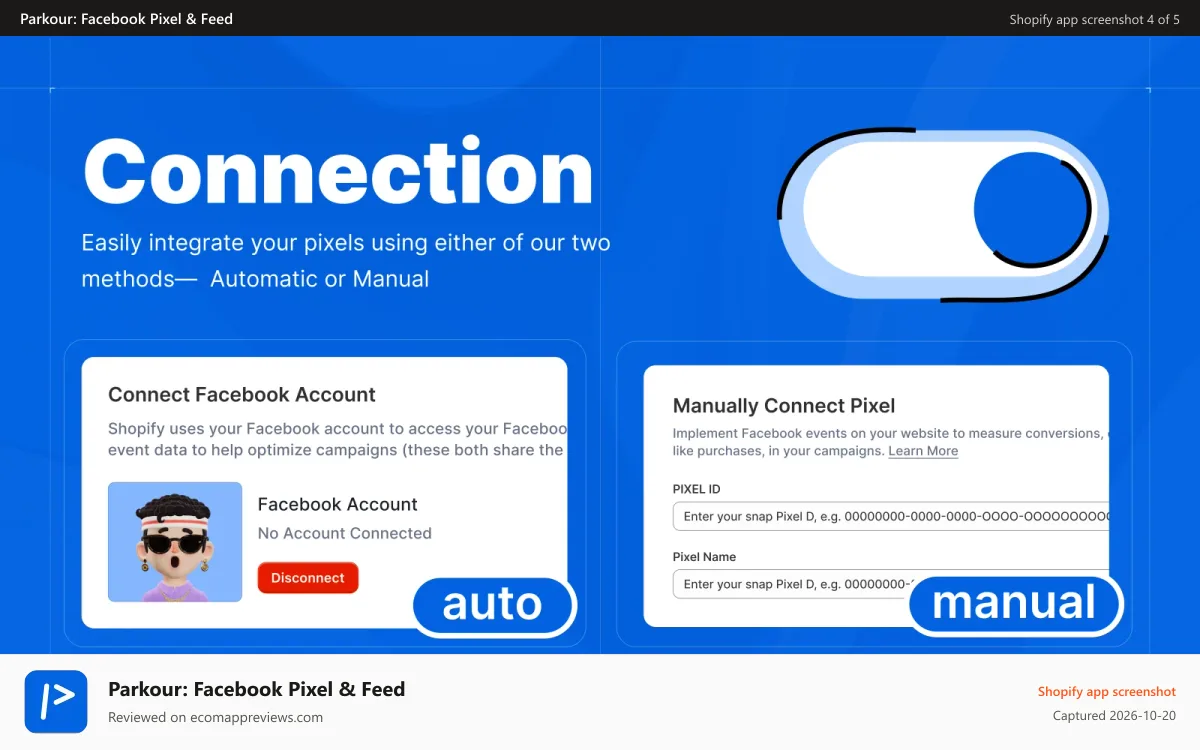 Parkour: Facebook Pixel & Feed Shopify app screenshot: Easy Pixel Connection