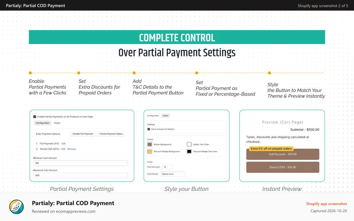 Partialy: Partial COD Payment Shopify app screenshot: Deposit or Partial Payment shopify app Feature COD King