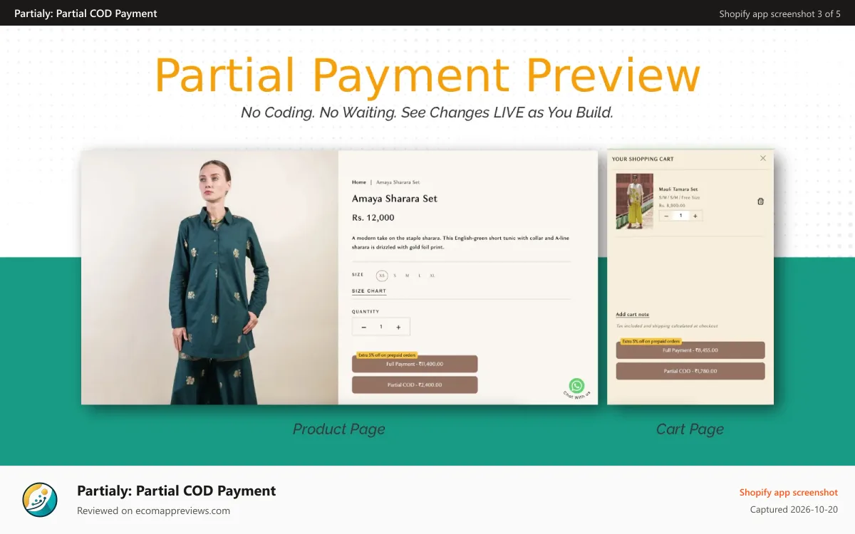 Partialy: Partial COD Payment Shopify app screenshot: Partial Payment shopify app option button or Partial COD Fee