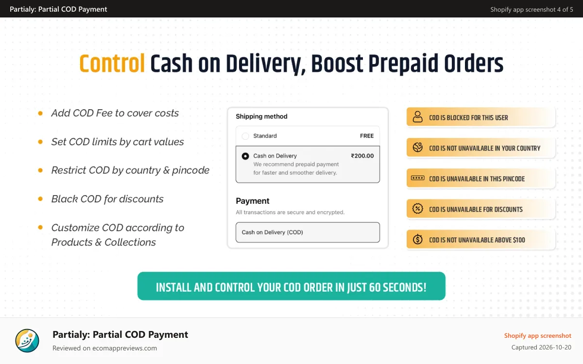 Partialy: Partial COD Payment Shopify app screenshot: Advanced Cash on delivery or COD features settings - Reduce RTO