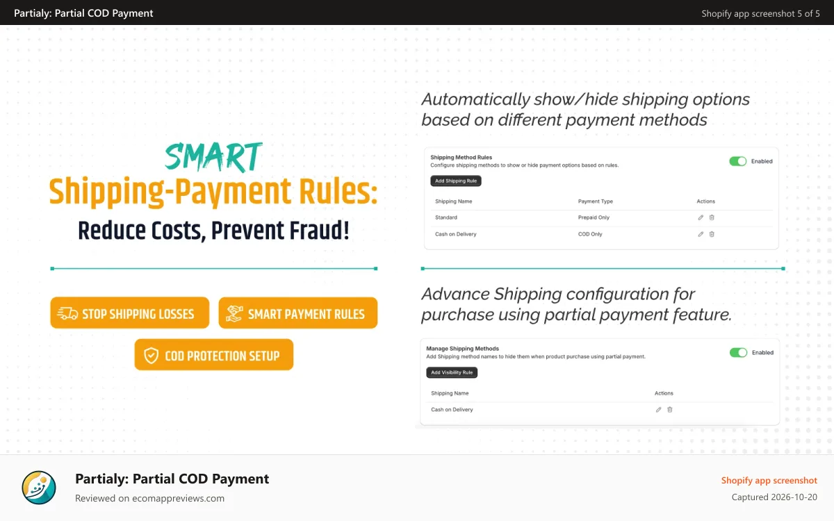 Partialy: Partial COD Payment Shopify app screenshot: Advanced Shipping configuration for payment methods payflowy