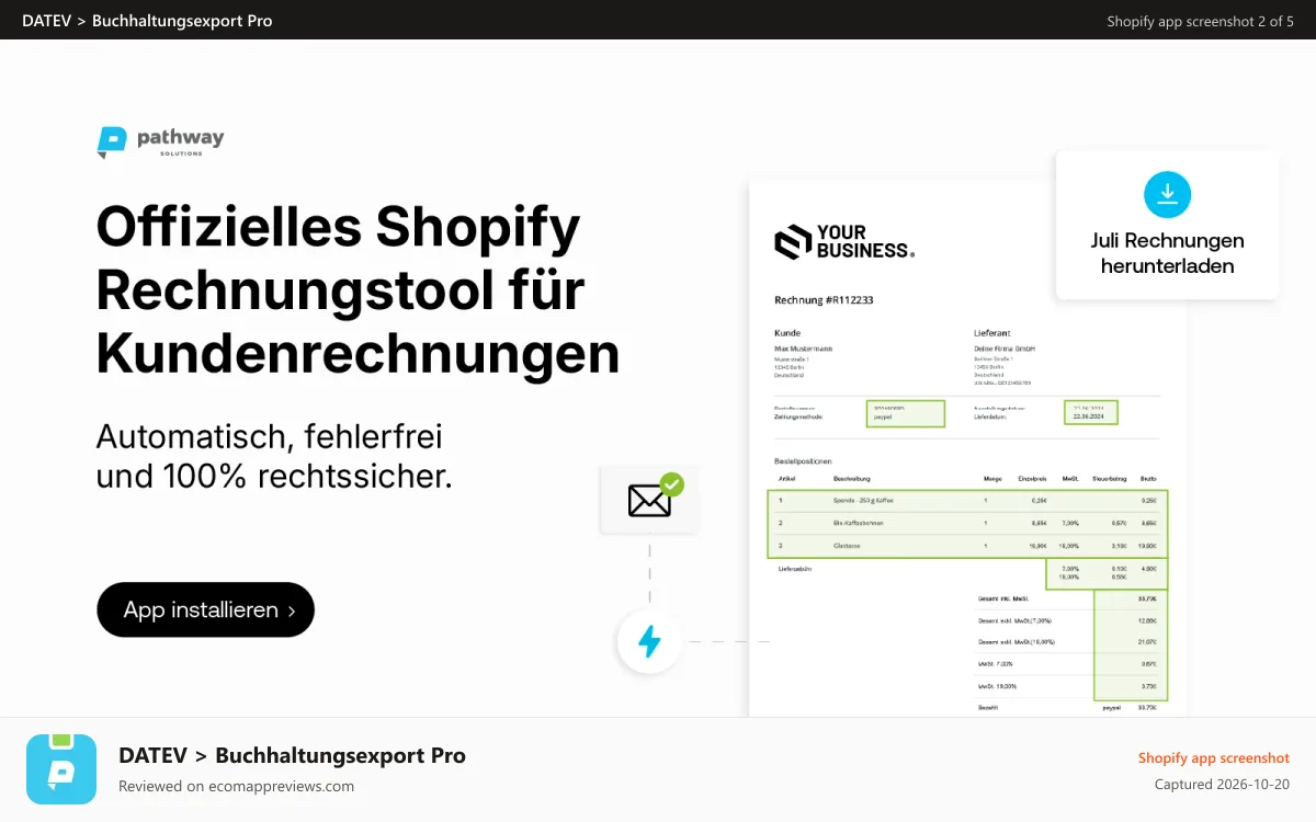 DATEV > Buchhaltungsexport Pro Shopify app screenshot: No manual bookings anymore