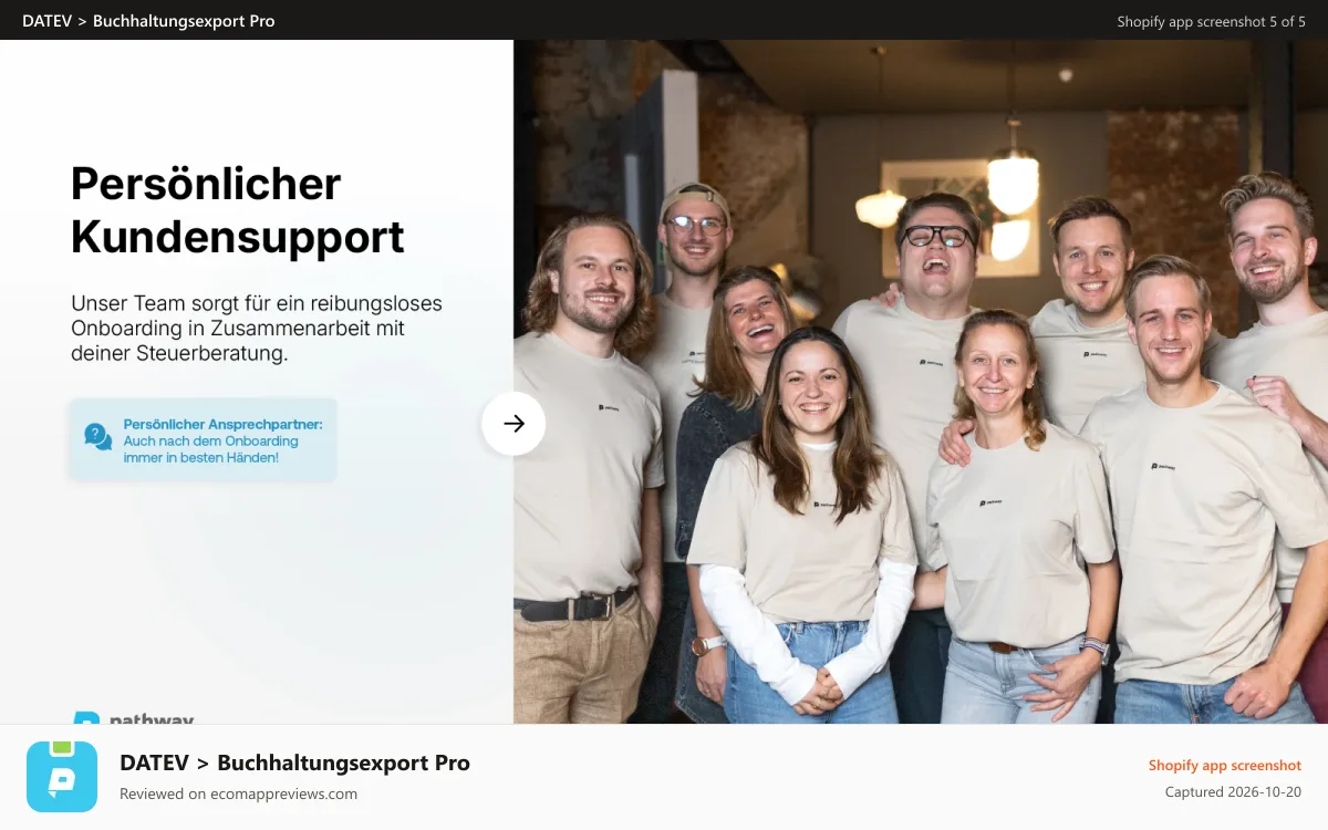 DATEV > Buchhaltungsexport Pro Shopify app screenshot: Onboarding in cooperation with youe tax accountant