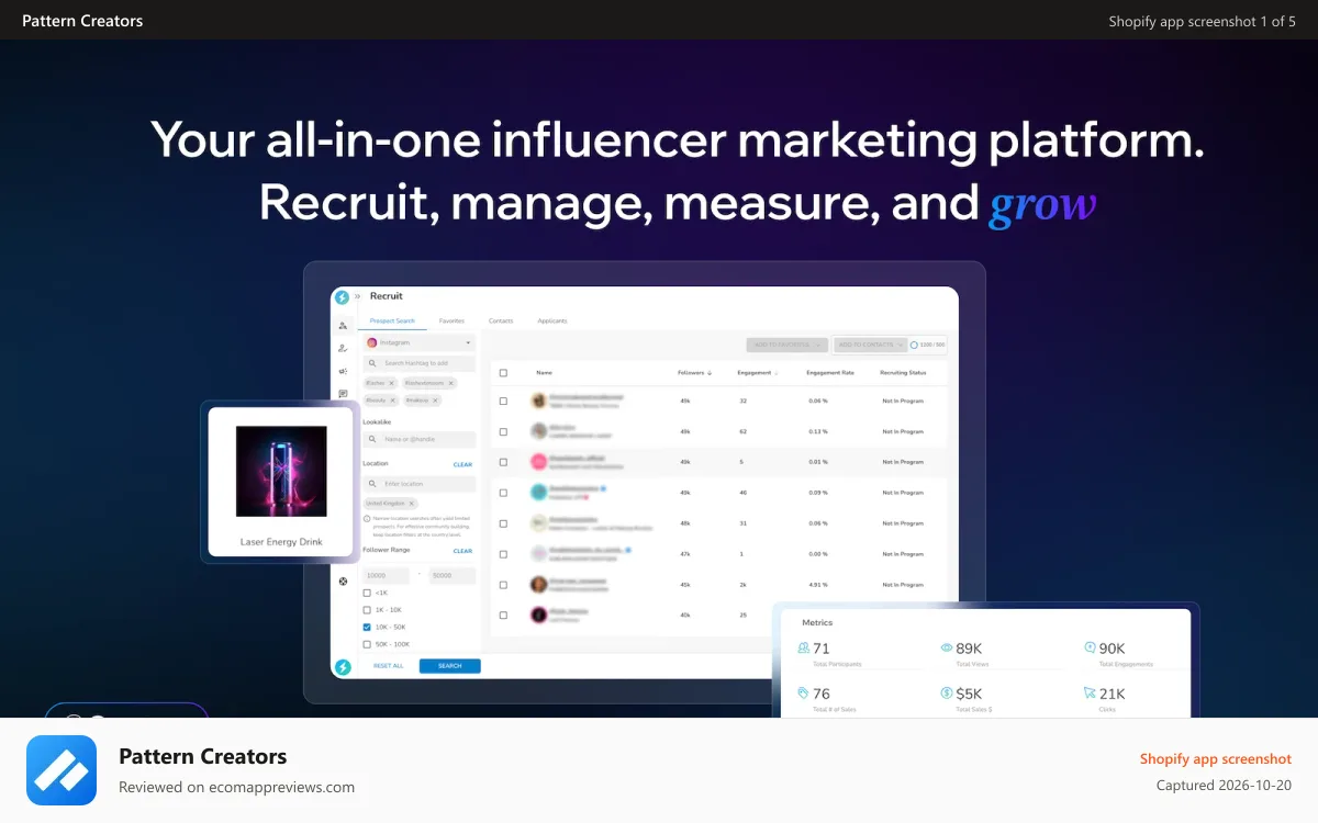 Pattern Creators Shopify app screenshot: Pattern Creators Influencer Marketing Platform