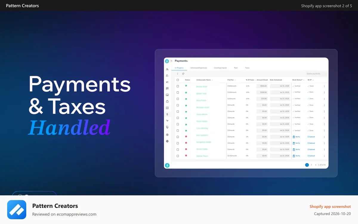 Pattern Creators Shopify app screenshot: Payments