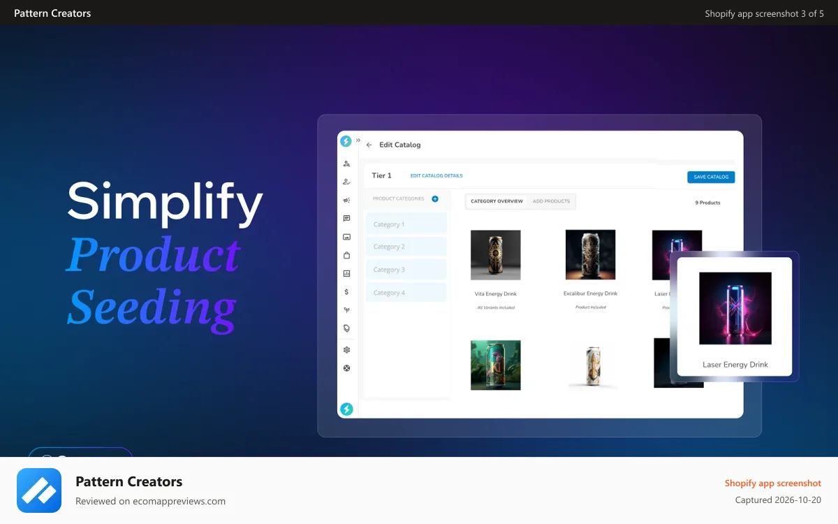 Pattern Creators Shopify app screenshot: Product Seeding