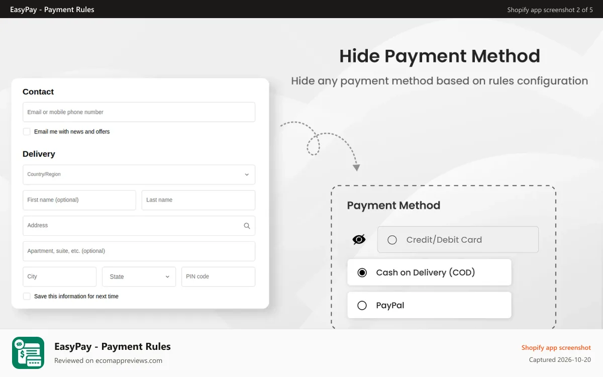 EasyPay ‑ Payment Rules Shopify app screenshot: hide payment method