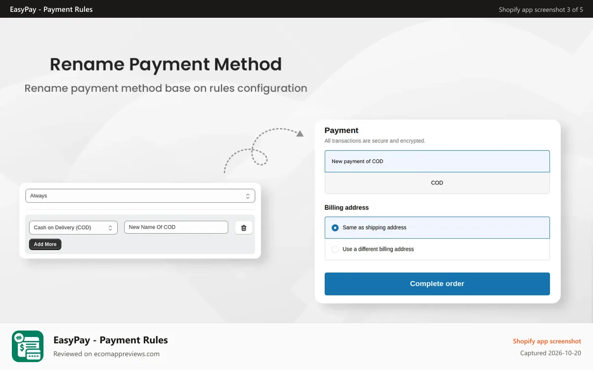 EasyPay ‑ Payment Rules Shopify app screenshot: rename payment method