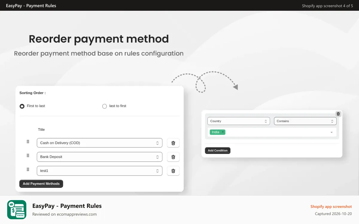 EasyPay ‑ Payment Rules Shopify app screenshot: reorder payment method