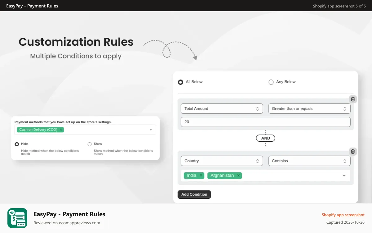 EasyPay ‑ Payment Rules Shopify app screenshot: payment rule configuration