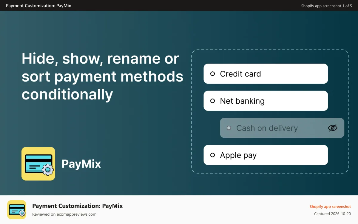 Payment Customization: PayMix Shopify app screenshot: PayMix: Hide, show, reorder & rename payment methods