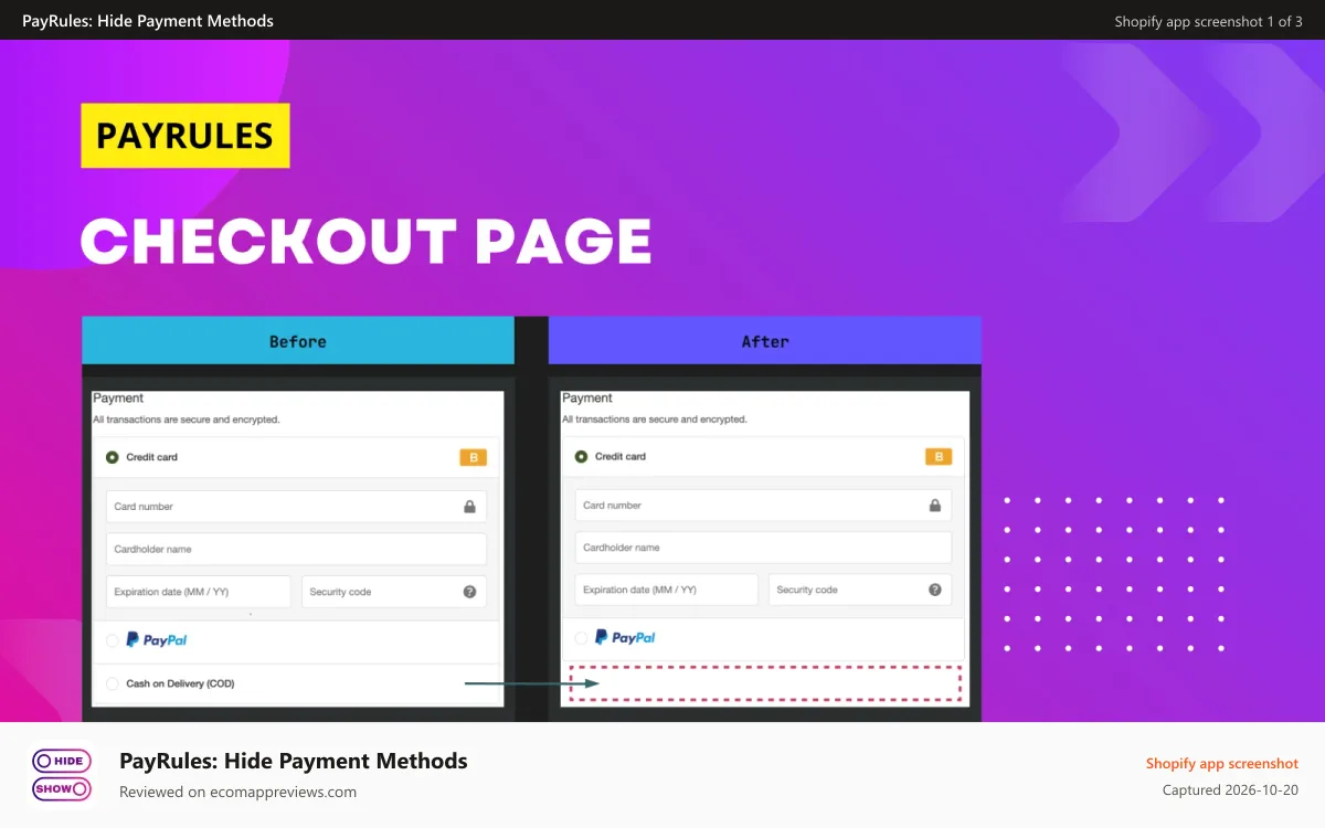 PayRules: Hide Payment Methods Shopify app screenshot: Hide Cash on Delivery payment