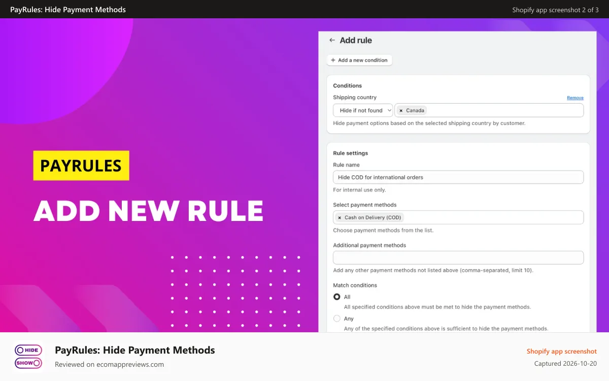 PayRules: Hide Payment Methods Shopify app screenshot: Add a new hide rule