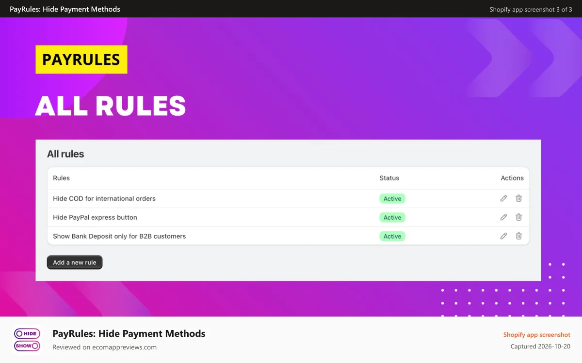 PayRules: Hide Payment Methods Shopify app screenshot: All rules page
