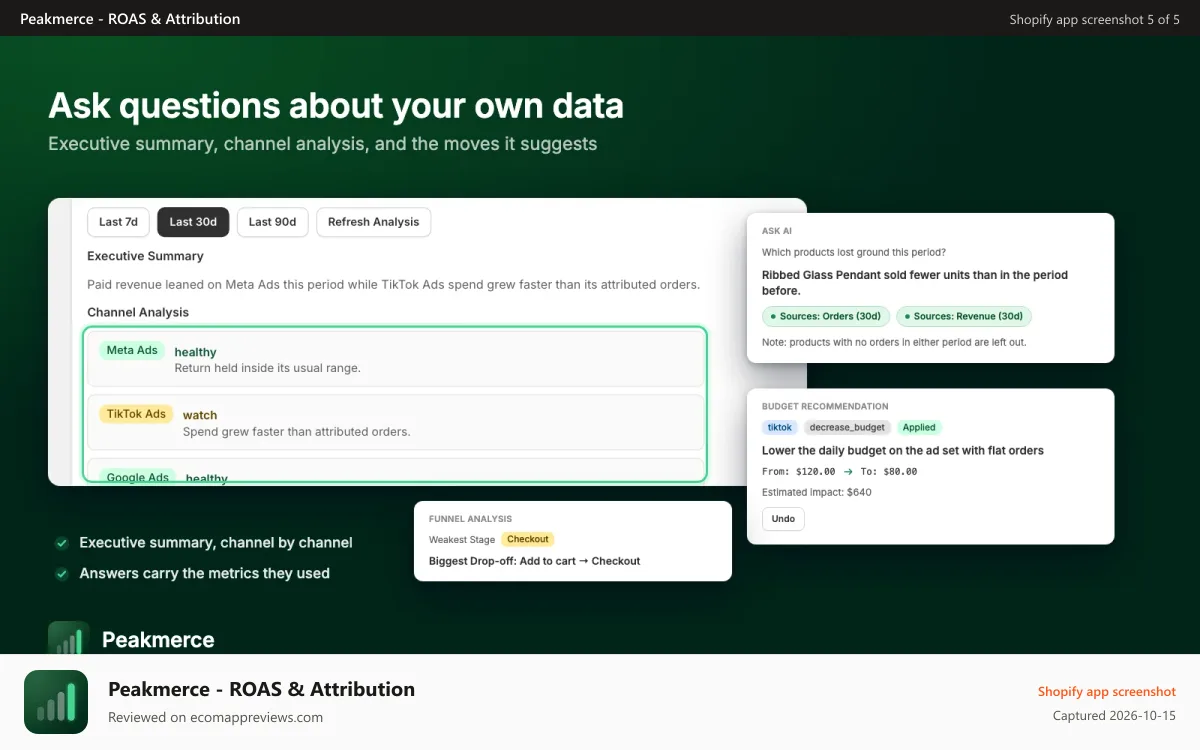 Peakmerce ‑ ROAS & Attribution Shopify app screenshot: Ask questions about your own data