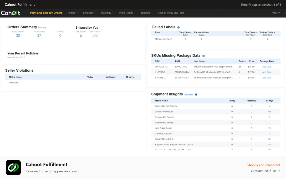 Cahoot Fulfillment Shopify app screenshot: Cahoot Merchant Dashboard