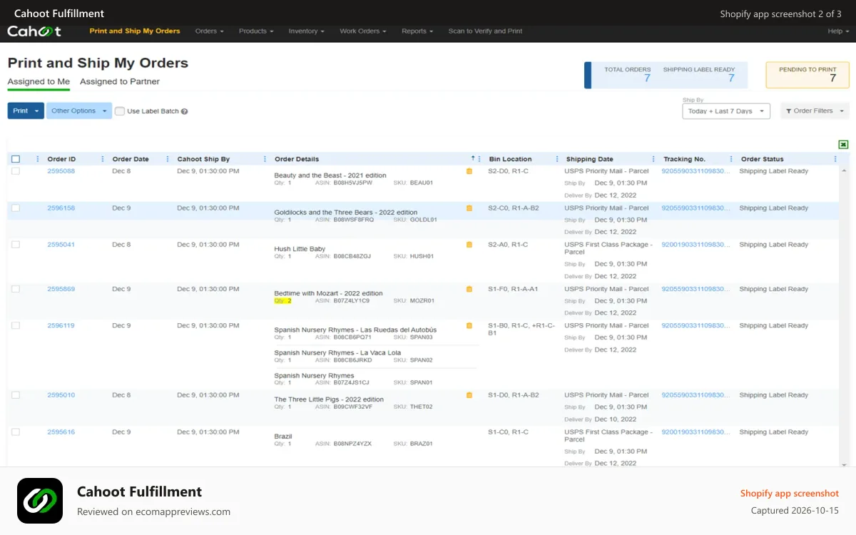 Cahoot Fulfillment Shopify app screenshot: Cahoot Bulk Print Screen